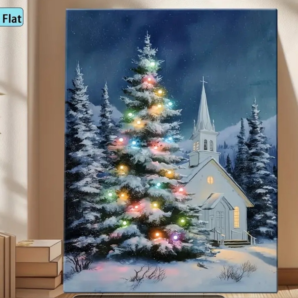 Festive Snowy Pine with Church - Christmas Wall Art Print